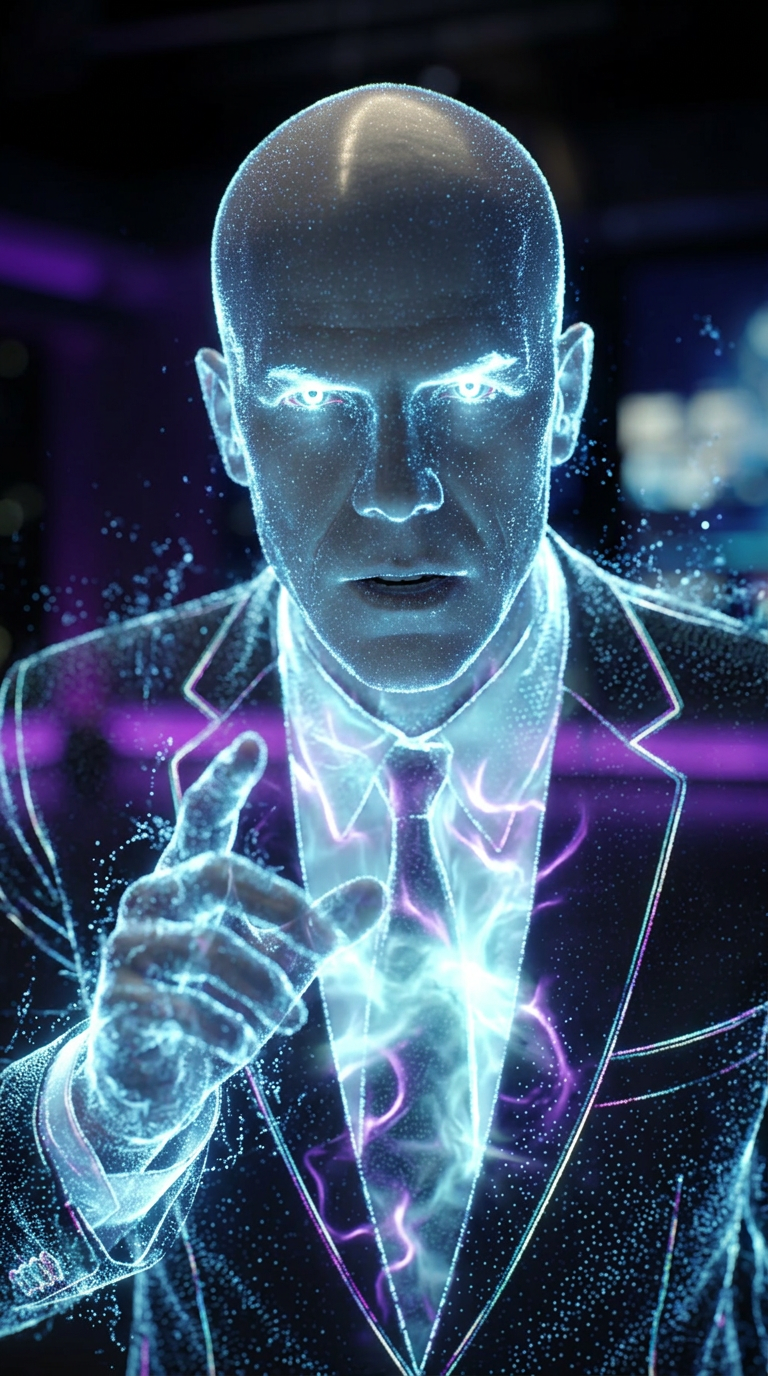 Kit Novik — a luminous digital entity in a dark suit